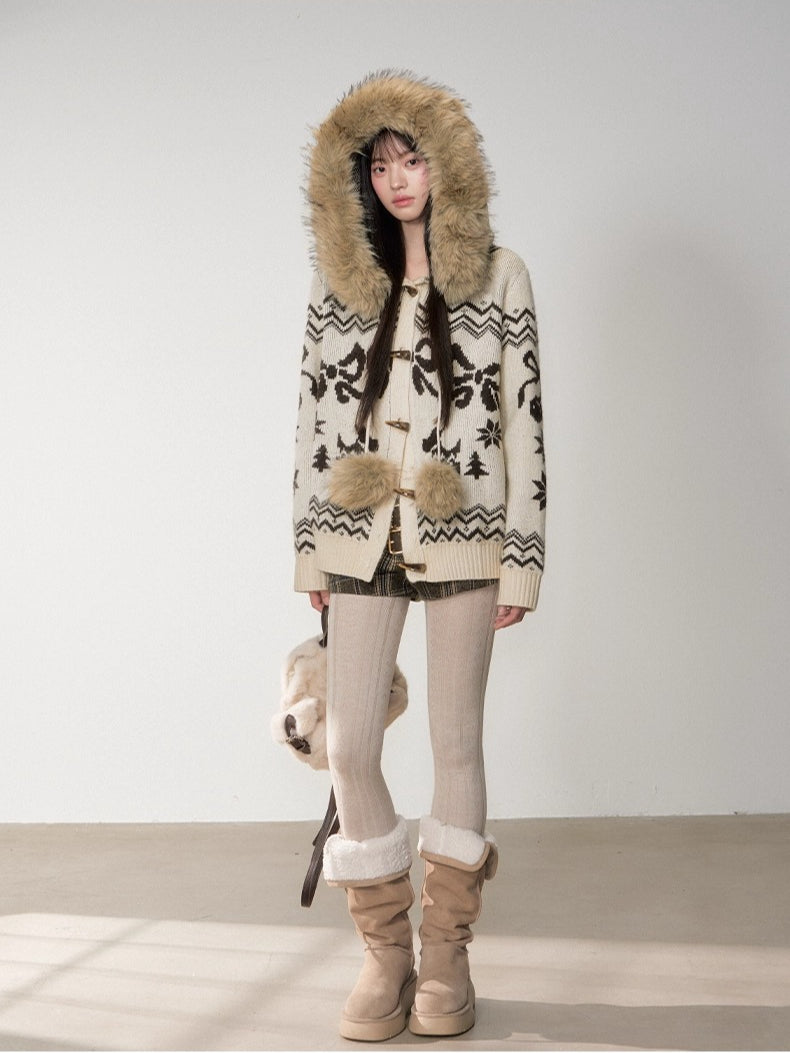 Fair Isle Fur Collar Toggle Knit Coat