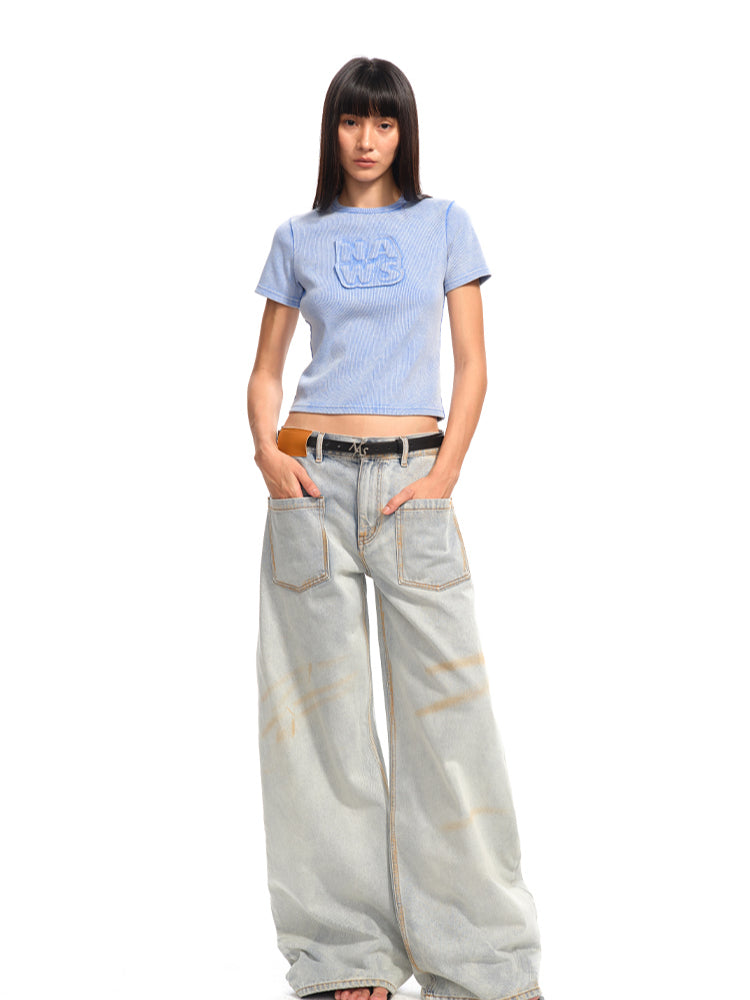 Applique Embroidery Washed Round - Neck Raw - Edge T - shirt