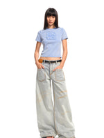 Applique Embroidery Washed Round - Neck Raw - Edge T - shirt
