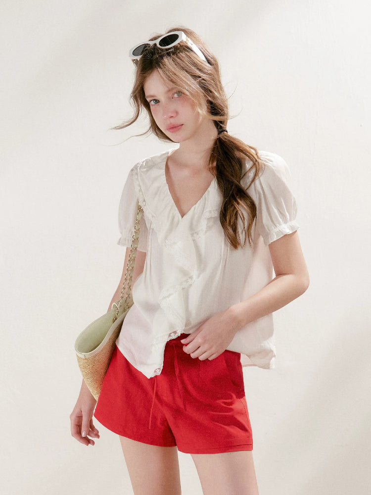 Lace Ruffle V-Neck Top