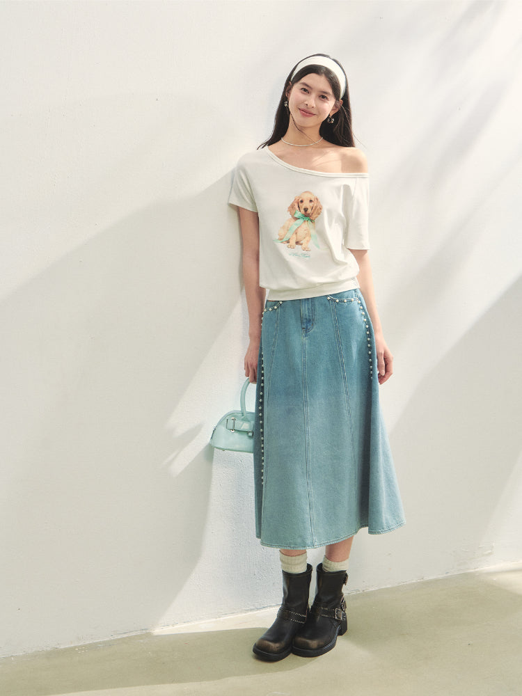Beaded Washed Gradient Denim Skirt