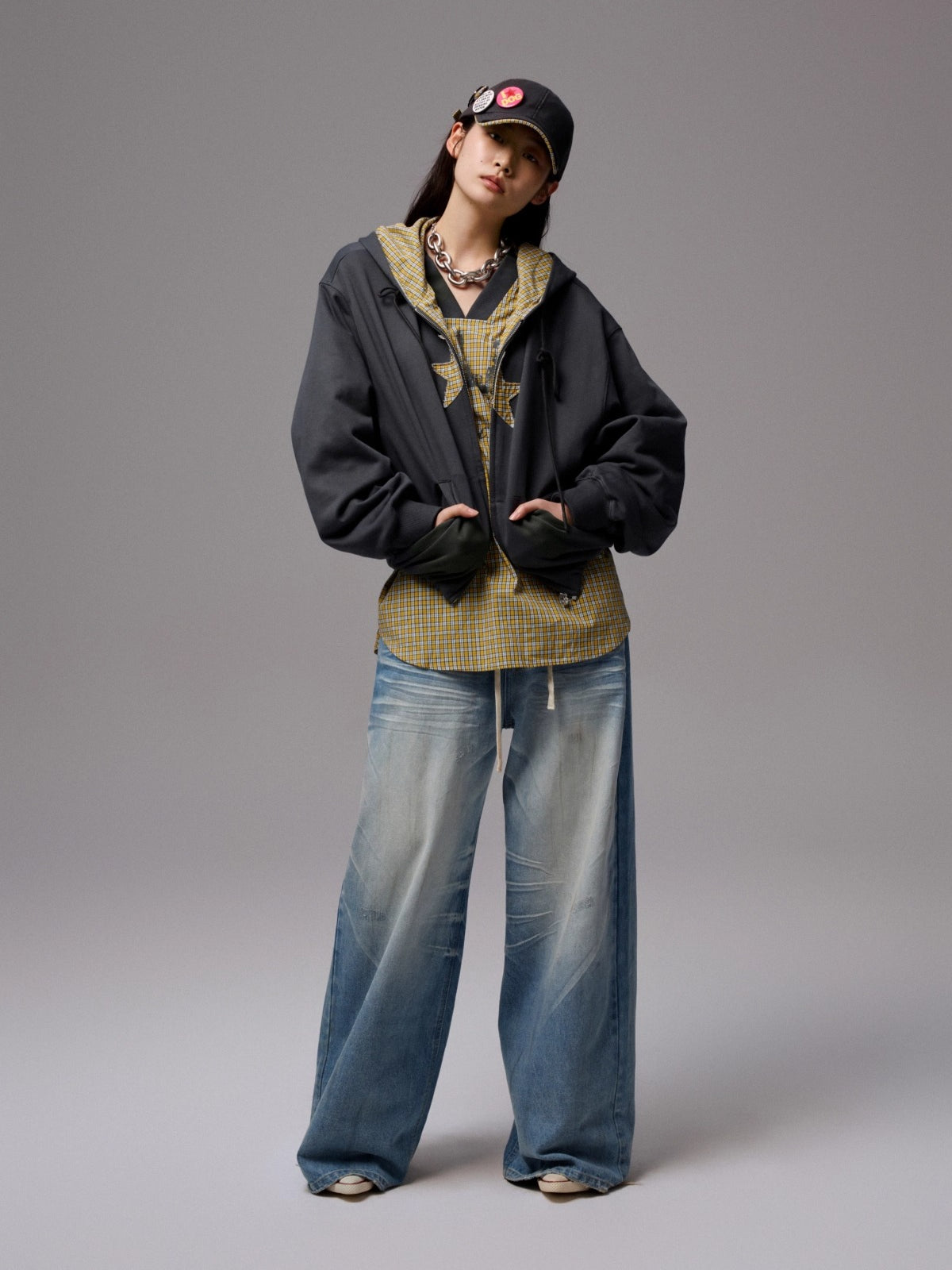 Vintage Plaid V-neck Loose Jersey