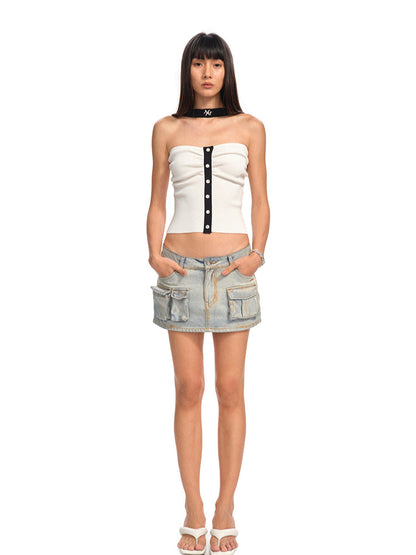 Asymmetric Low - Waist Denim Mini Skirt