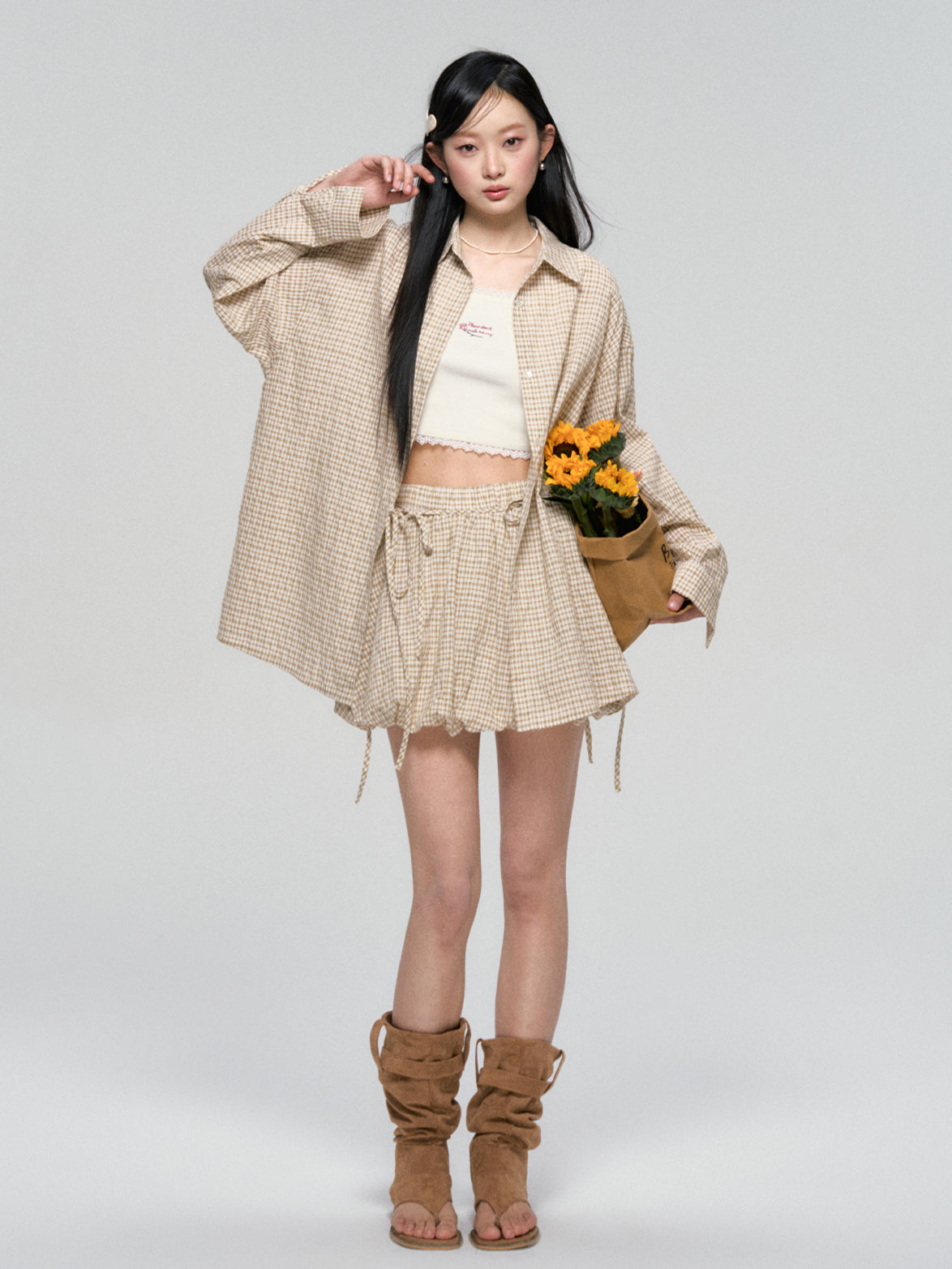 Khaki &amp; Black Retro Check Shirt &amp; Skirt Set