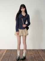 Khaki & Navy Blue Pleated A-Line Skirt
