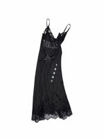 Satin Letter Print Spliced Lace Slip Midi Dress