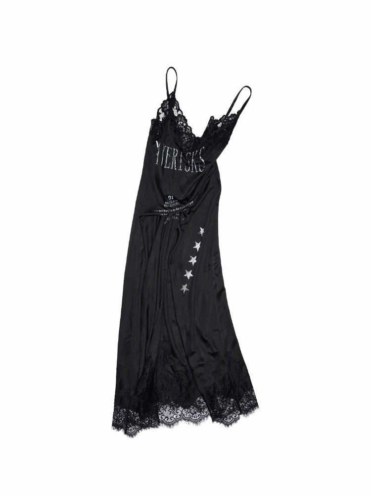 Satin Letter Print Spliced Lace Slip Midi Dress