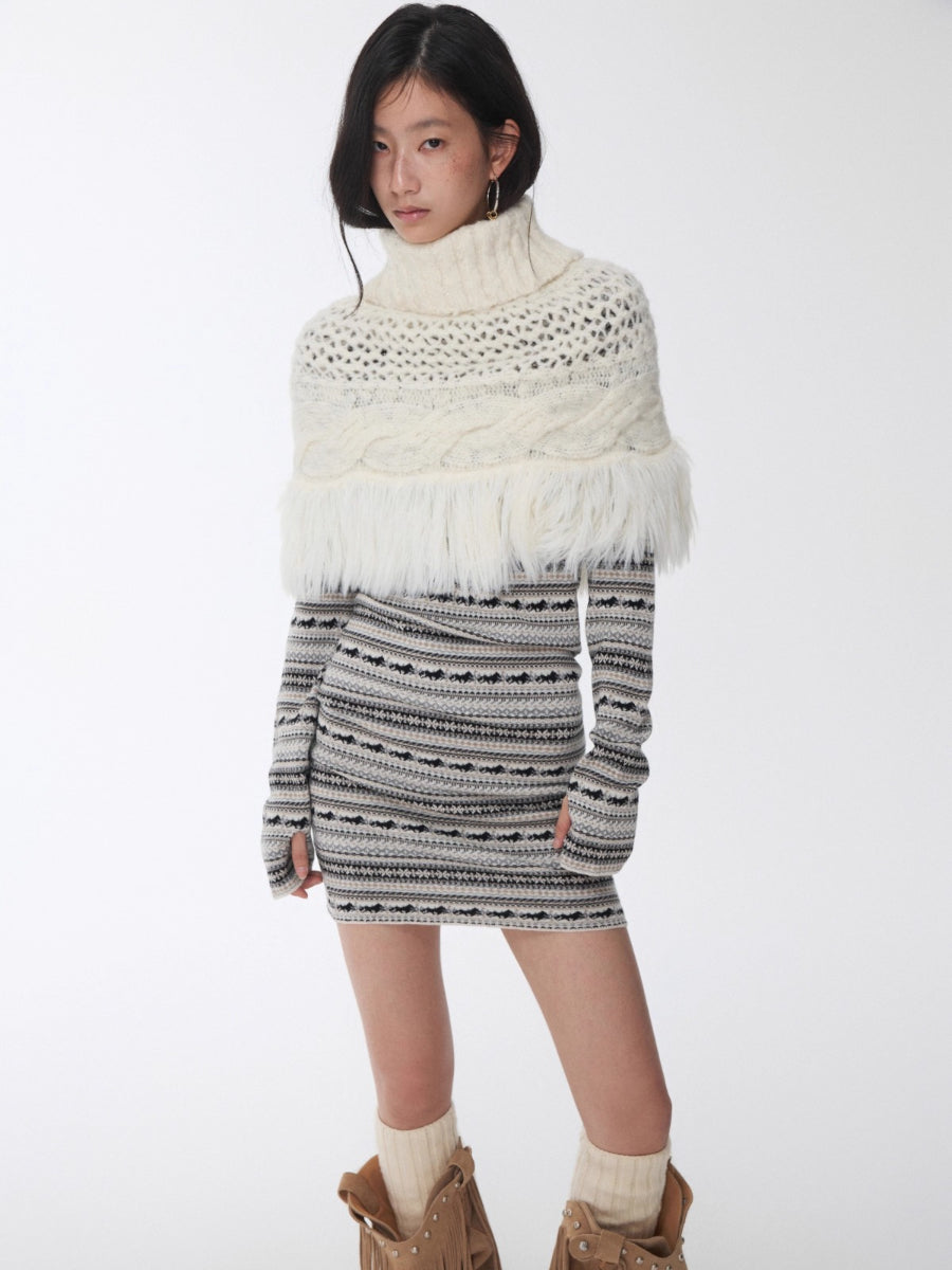 Cable Knit Fringed High-Neck Wool Blend Poncho