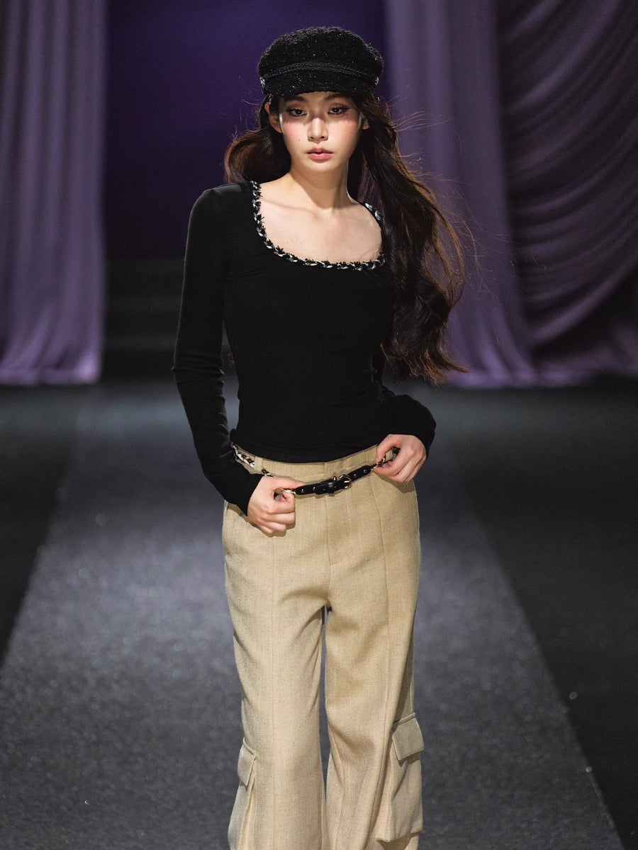 Ribbon Trim Square-Neck Knit Crewneck