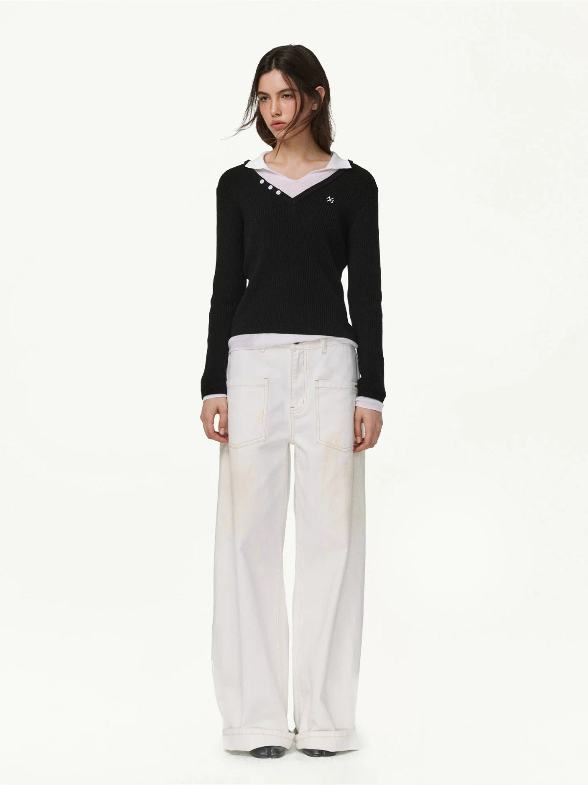 Contrast Layered V-Neck Wool Sweater