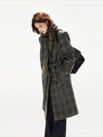 Gray Plaid Detachable Scarf Wool Coat