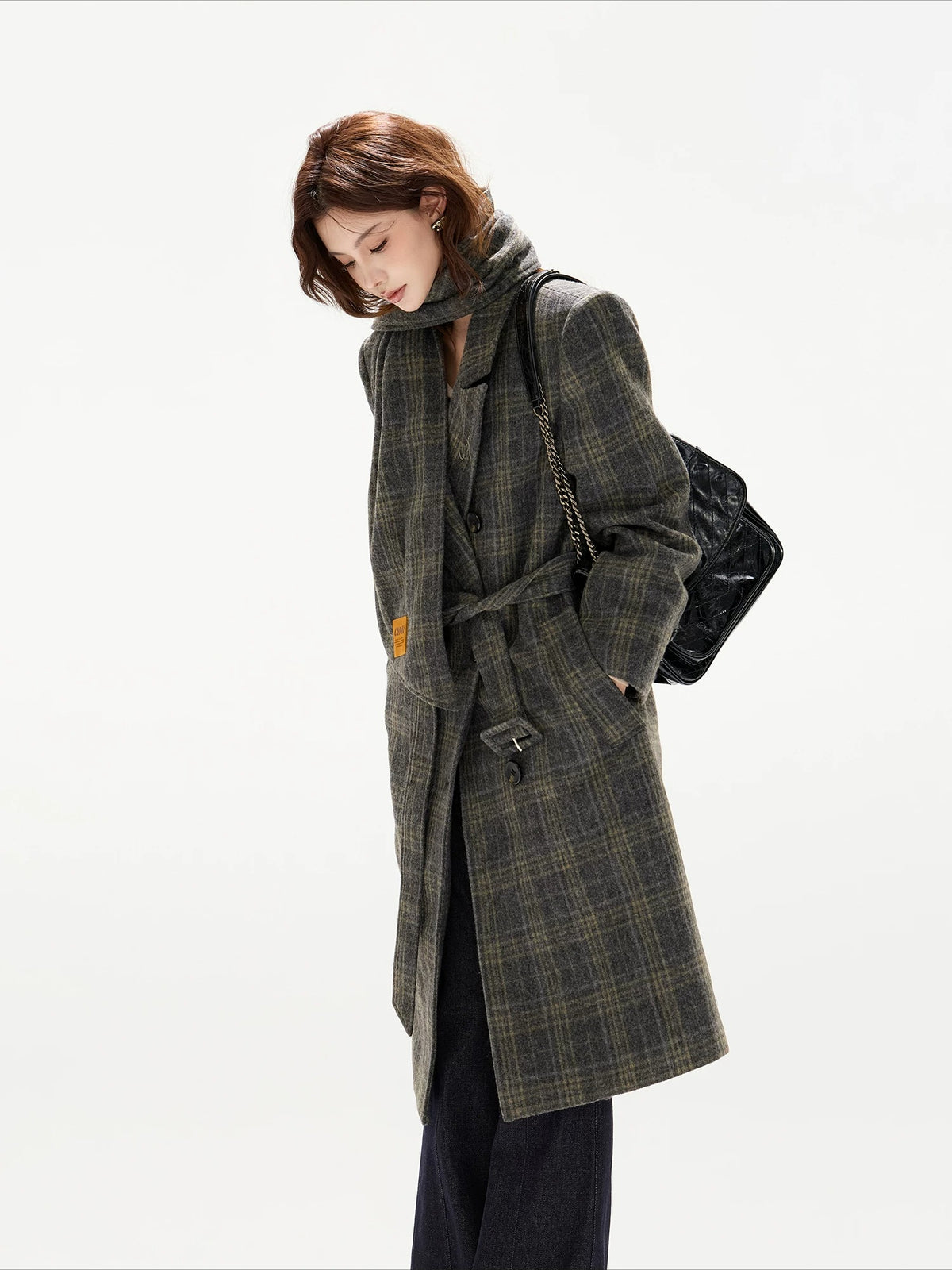 Gray Plaid Detachable Scarf Wool Coat