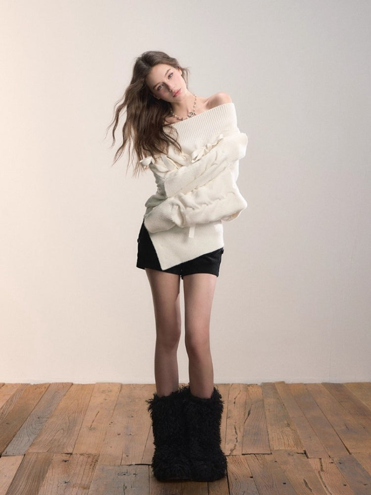 White Off-Shoulder Cross-knit Strap Sweater