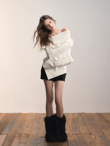 White Off-Shoulder Cross-knit Strap Sweater