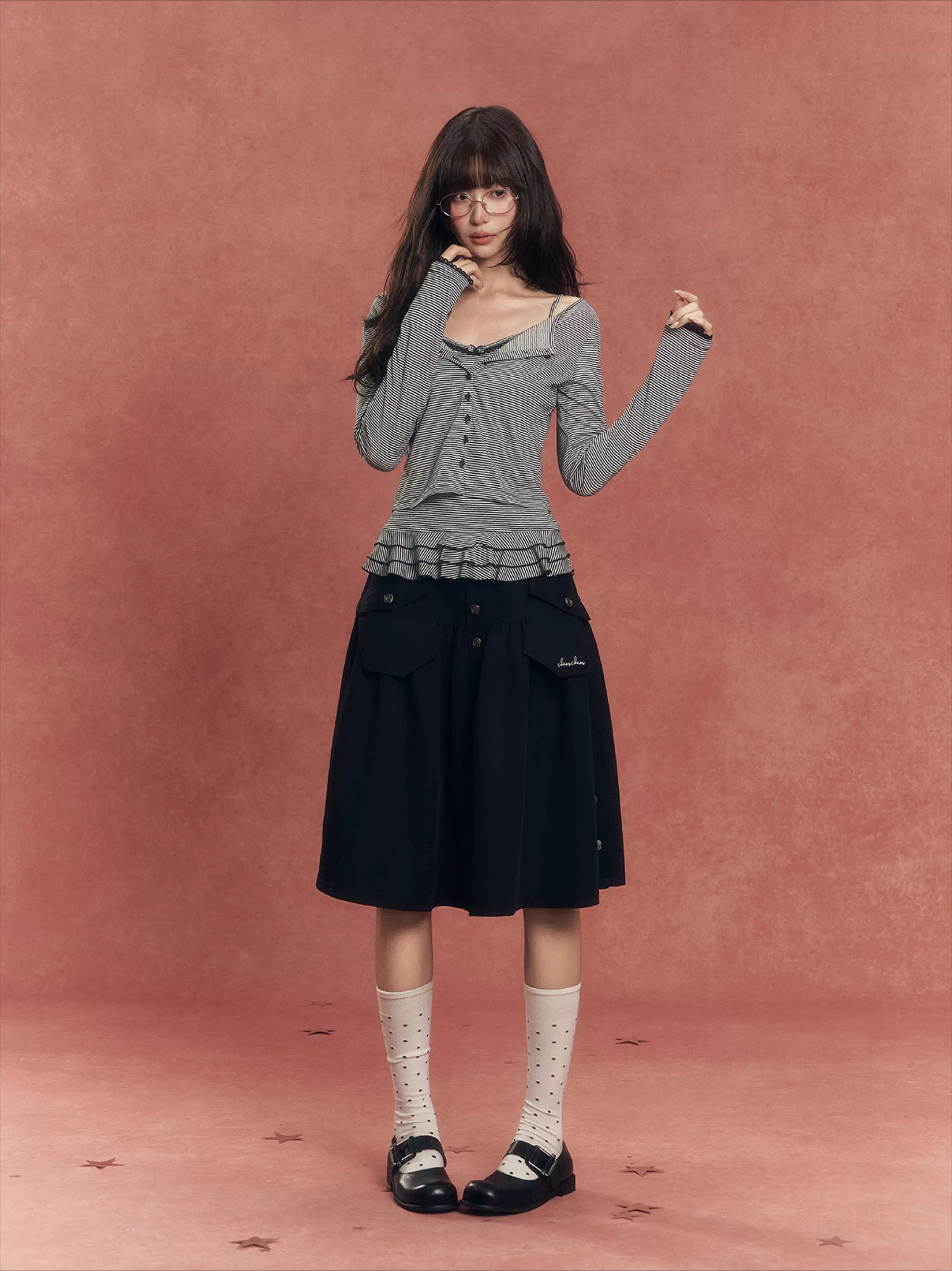Lyocell Stripe Cardigan &amp; Lace-Trim Cami Set