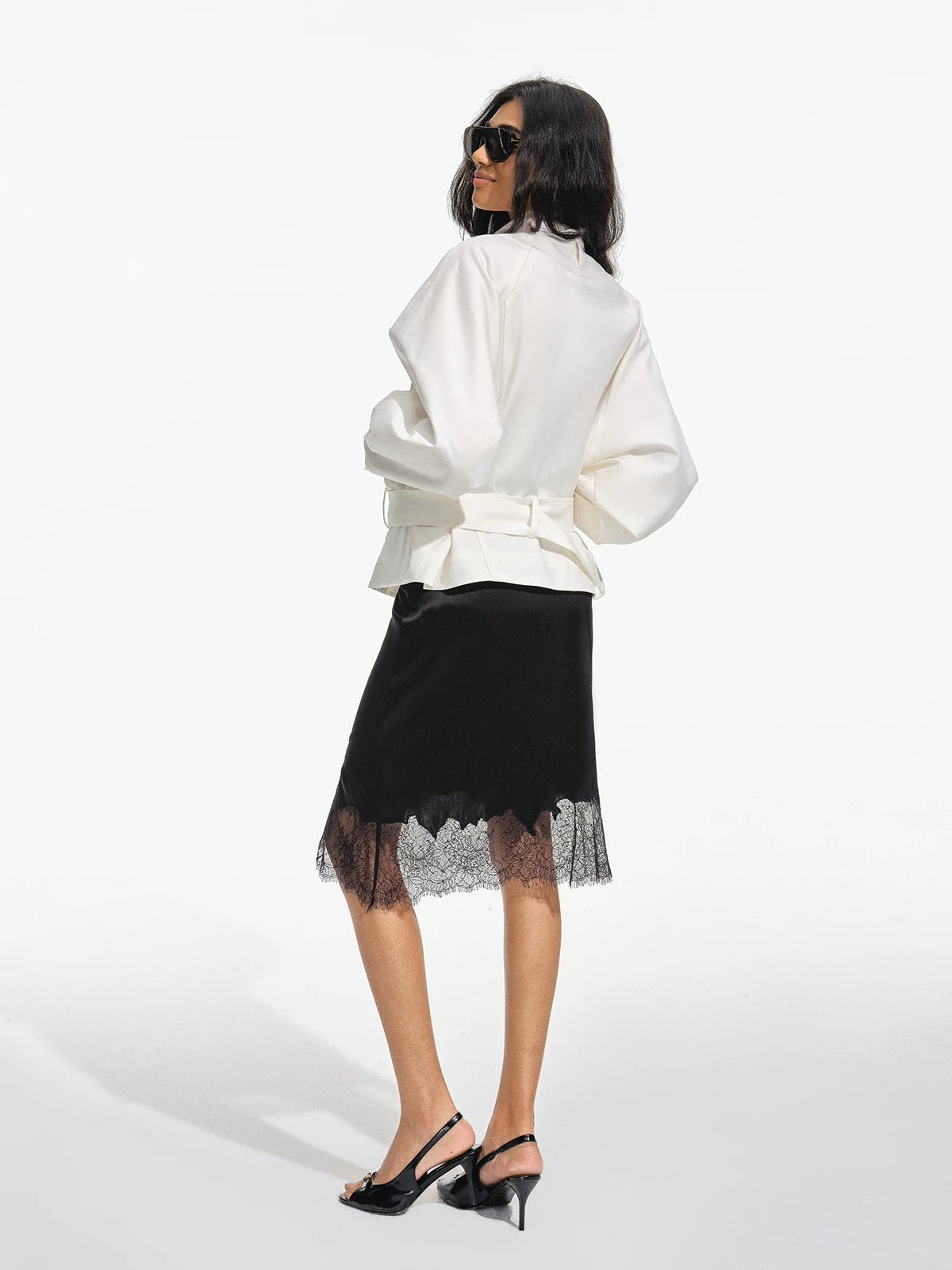 Asymmetric Lace Trim Satin Skirt