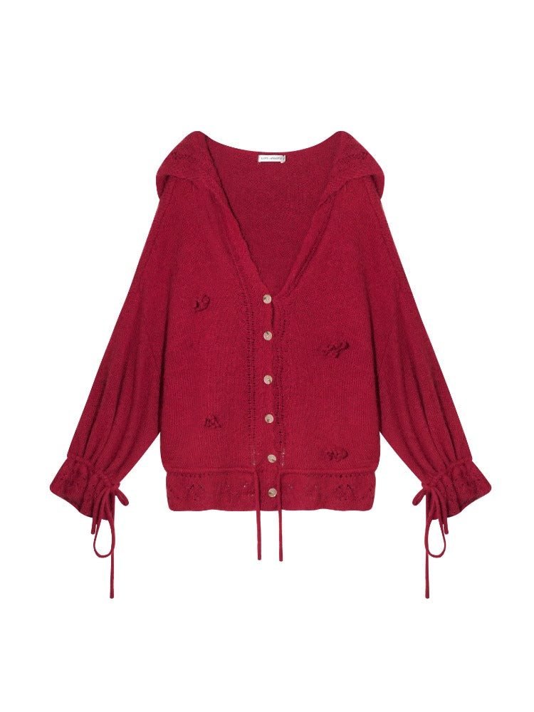 V-Neck Floral Tie Wool-Blend Knit Cardigan