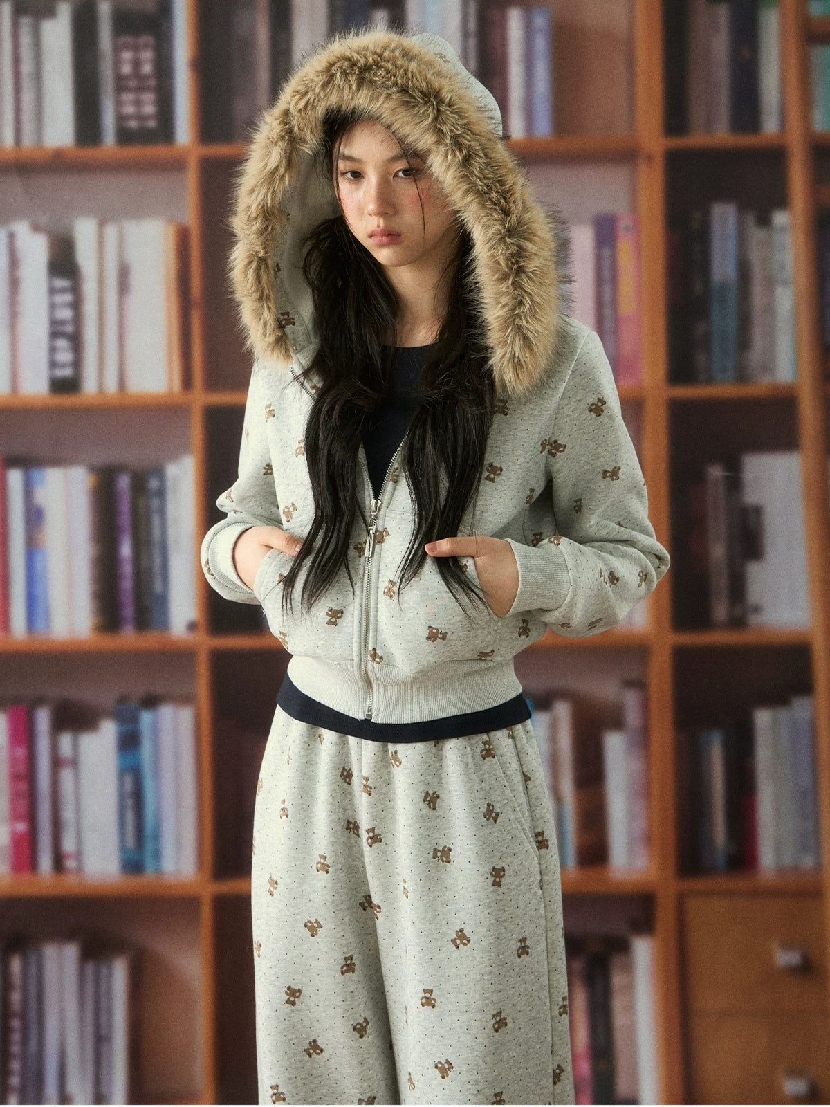 Bear Print Hooded Zip Jacket