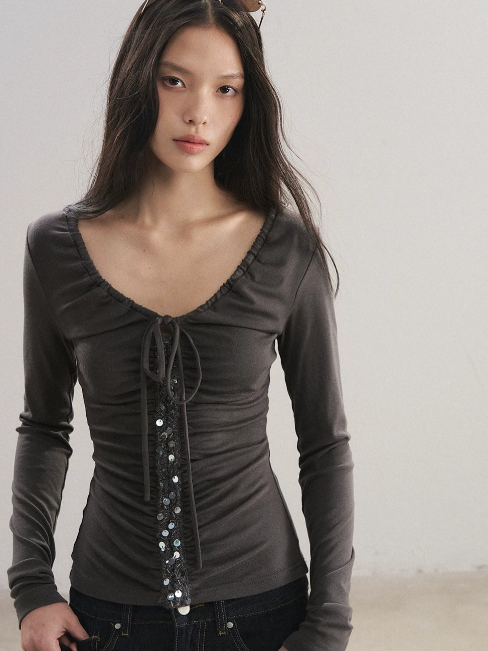 V-Neck Drawstring Sequin Top