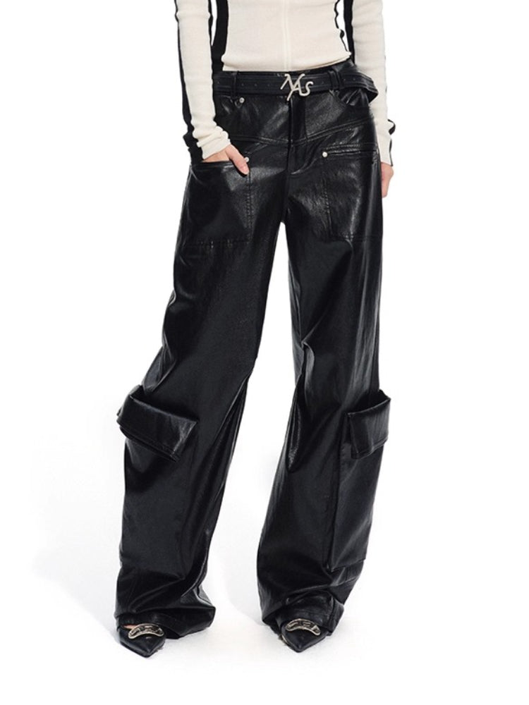 Punk-Style Eco Textured Faux Leather Wide-Leg Pants