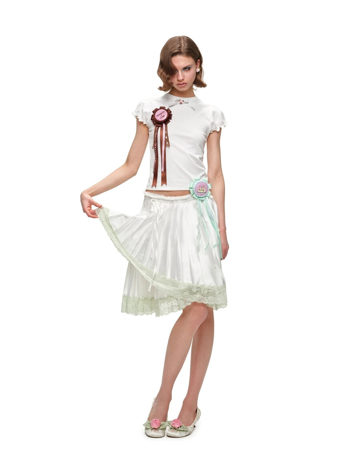 Satin Lace Asymmetric Pleated Skirt