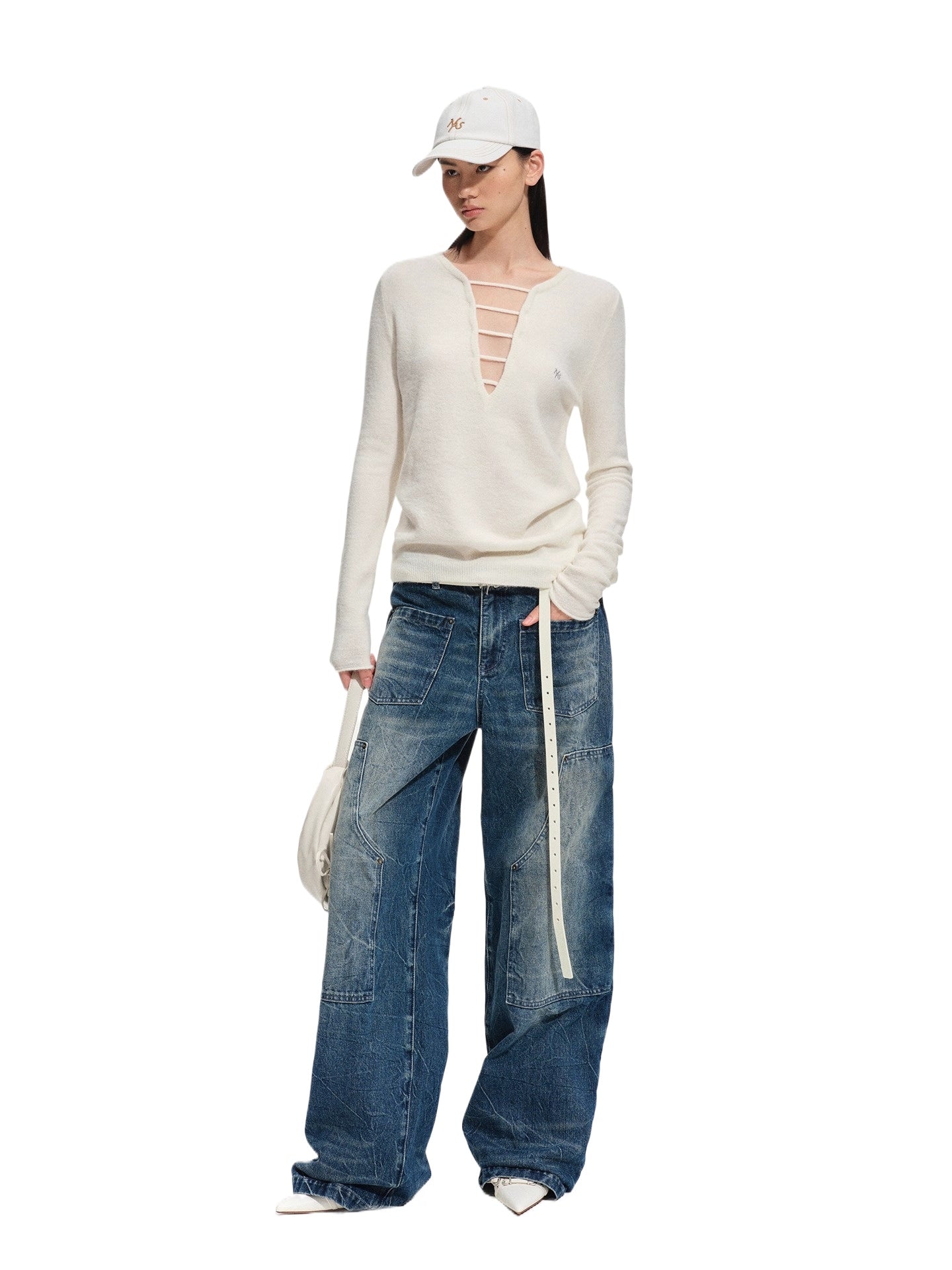 Deep-V Asymmetric Hem Knit Top