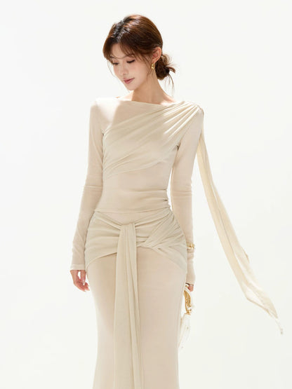 Apricot Ruched Knit Top &amp; Skirt Set