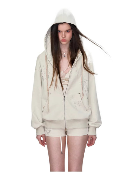 Embroidered Rhinestones Hoodie &amp; Shorts Set