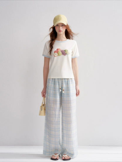 White And Blue Fruit Print Tee