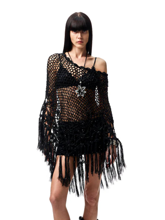 Hollow Out One-Piece Fringed Knit Shrug