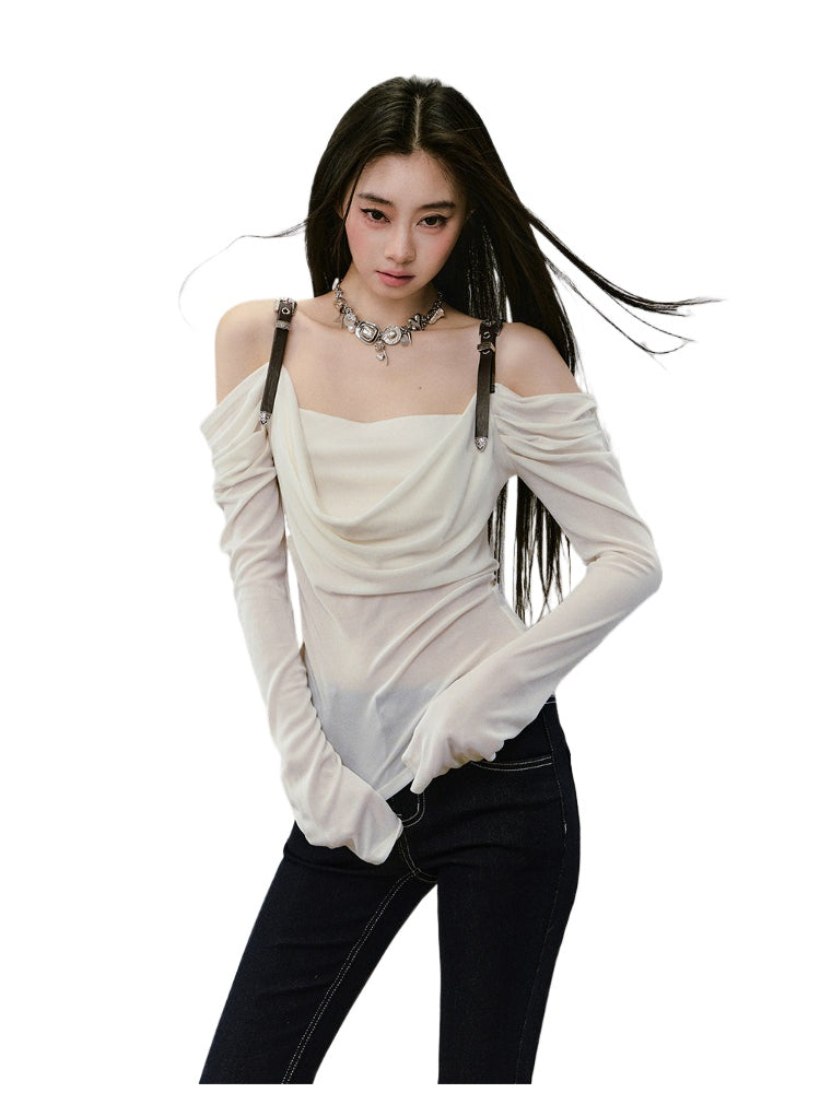 Draped Neck Leather Strap Acetate One-shoulder T-shirt