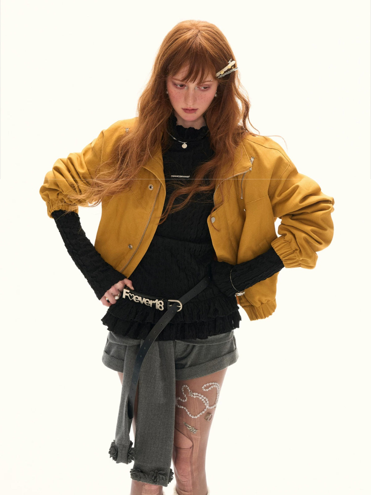 Ruffle High-Neck Slim Long Sleeve Top