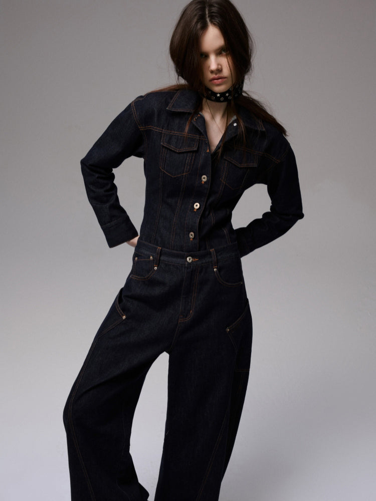 Raw Denim Wide-Shoulder Waist-Cinching Jacket Set