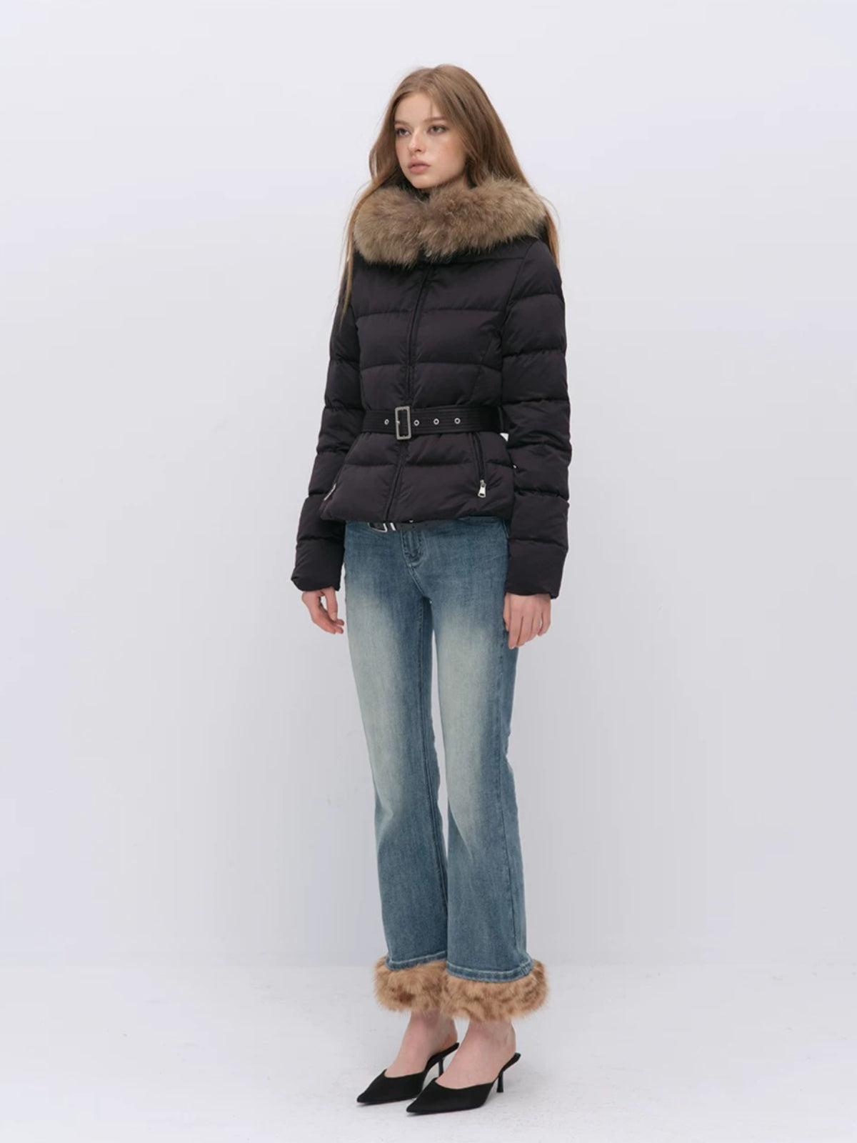 Fur Collar Belted Down Jacket