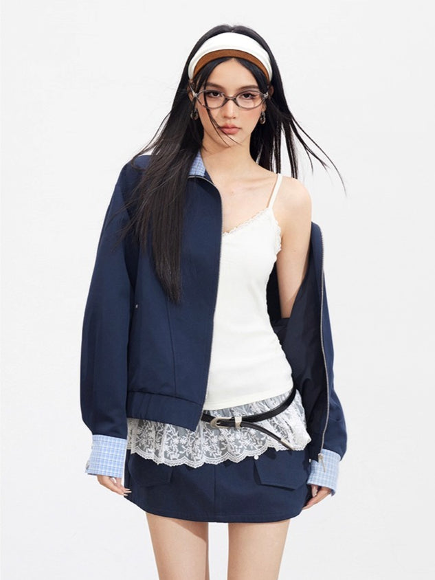 Navy Blue Plaid Patchwork Jacket