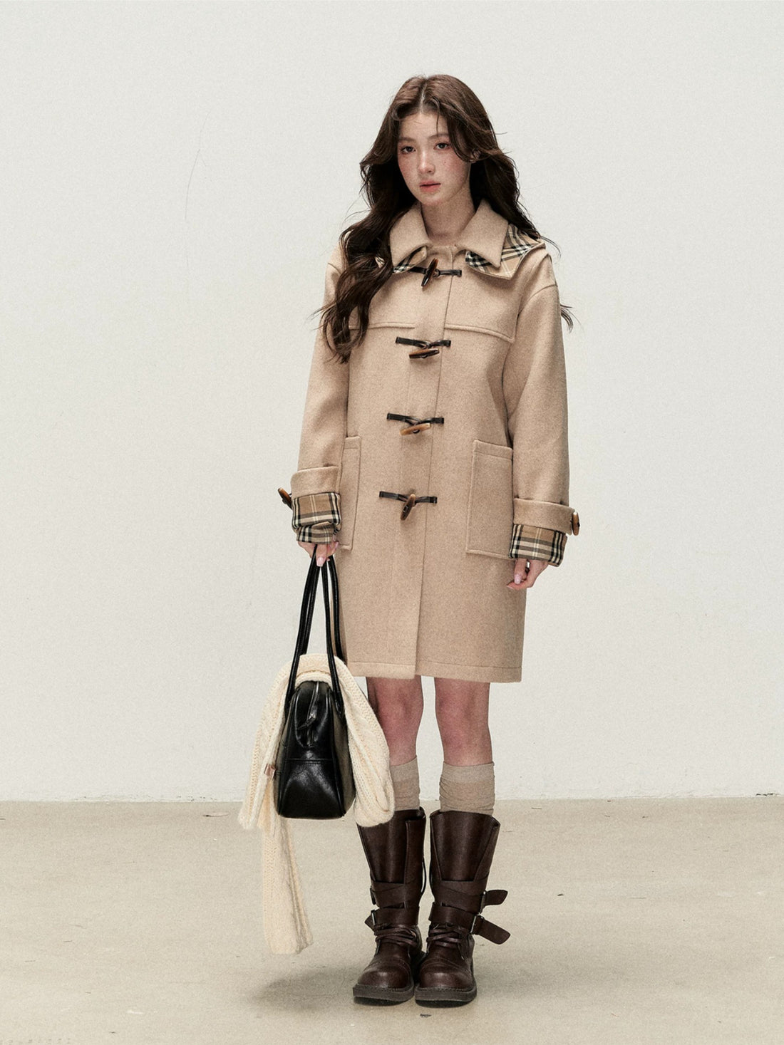 Plaid Hooded Wool Duffle Coat