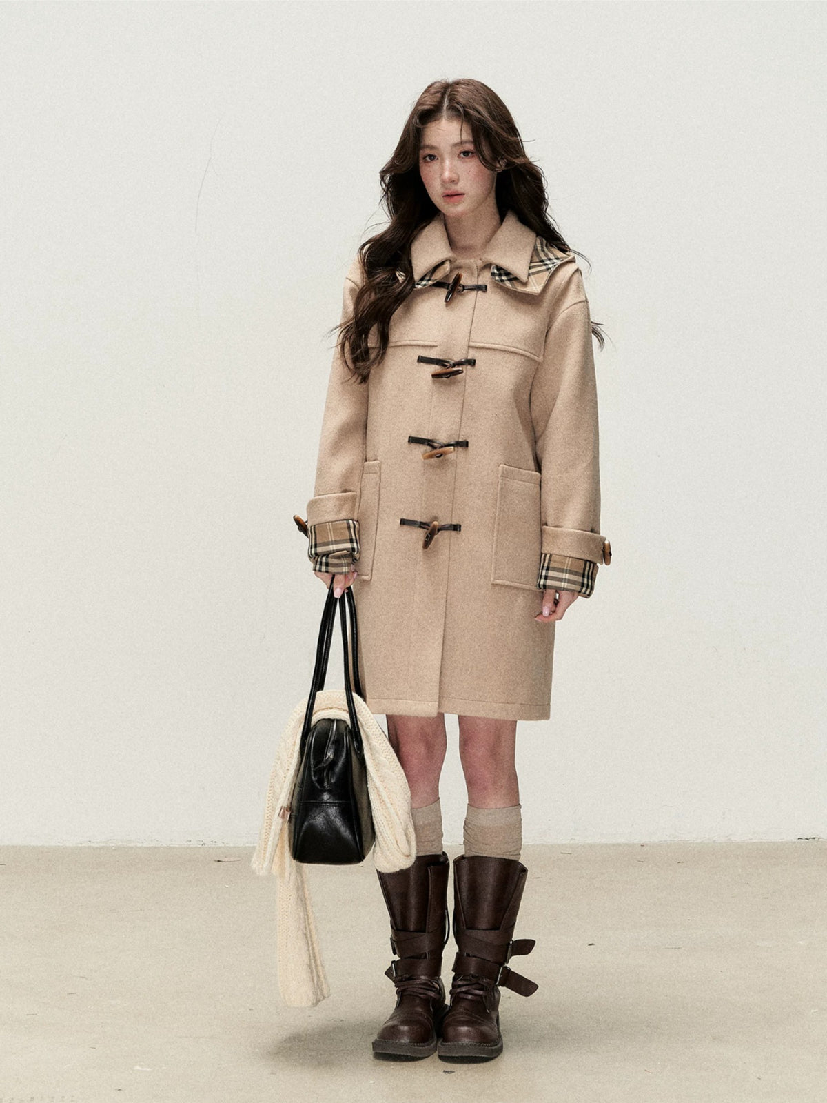Plaid Hooded Wool Duffle Coat