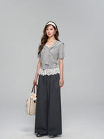 Lace Spliced V-Neck Knitted T-Shirt