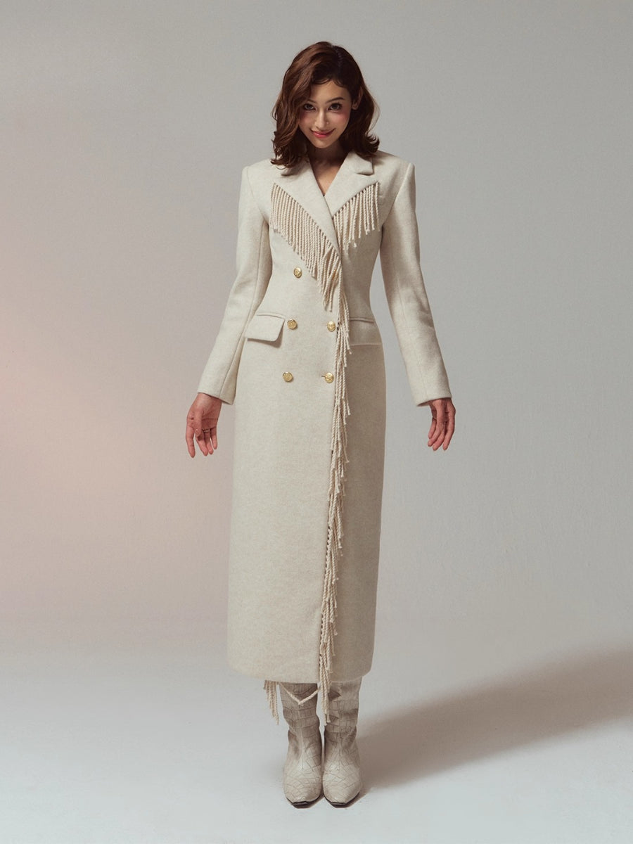 Wool-Blend Hourglass Fringe-Scarf Double-Breasted Long Coat