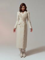 Wool-Blend Hourglass Fringe-Scarf Double-Breasted Long Coat