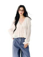 White Ruffle V-neck Blouse