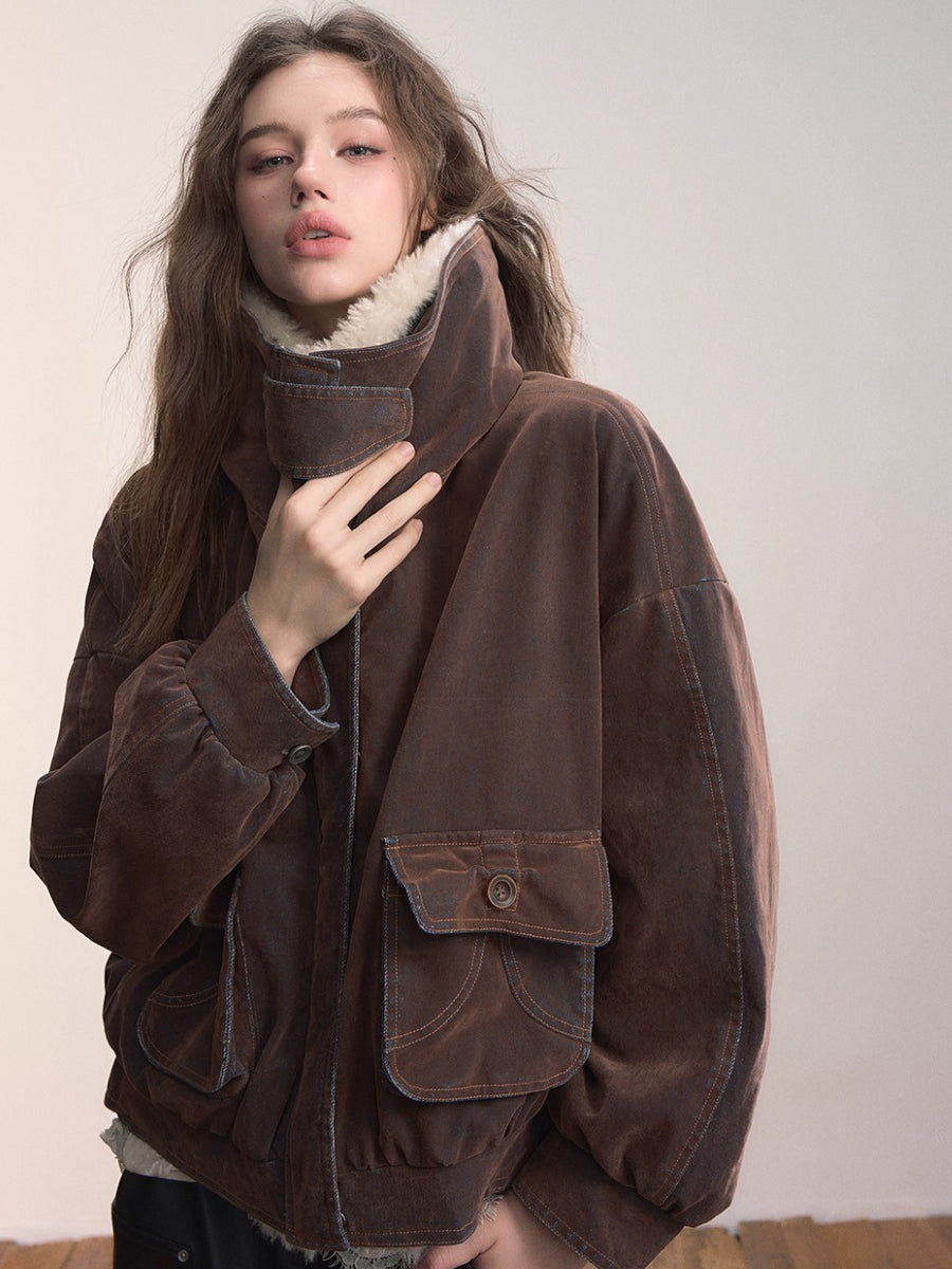 Velvet Denim Oversized Fur Collar Down Jacket