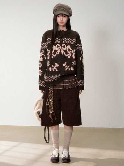 Fair Isle Bow Henry-Collar Sweater