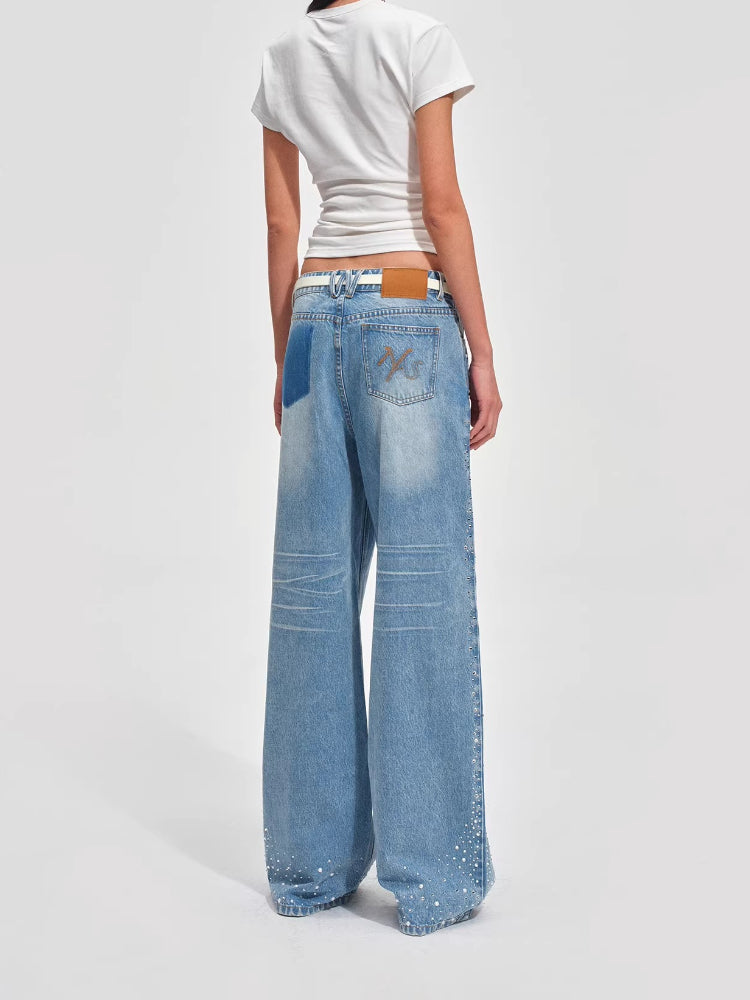 Low-Rise Wide-Leg Rhinestone Denim Pants