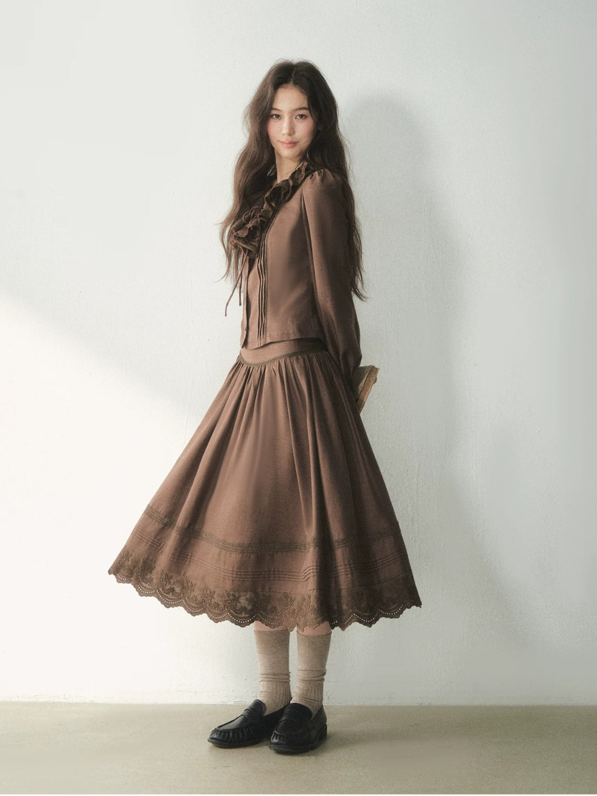 Vintage Ruffle Lace Shirt &amp; Skirt Set