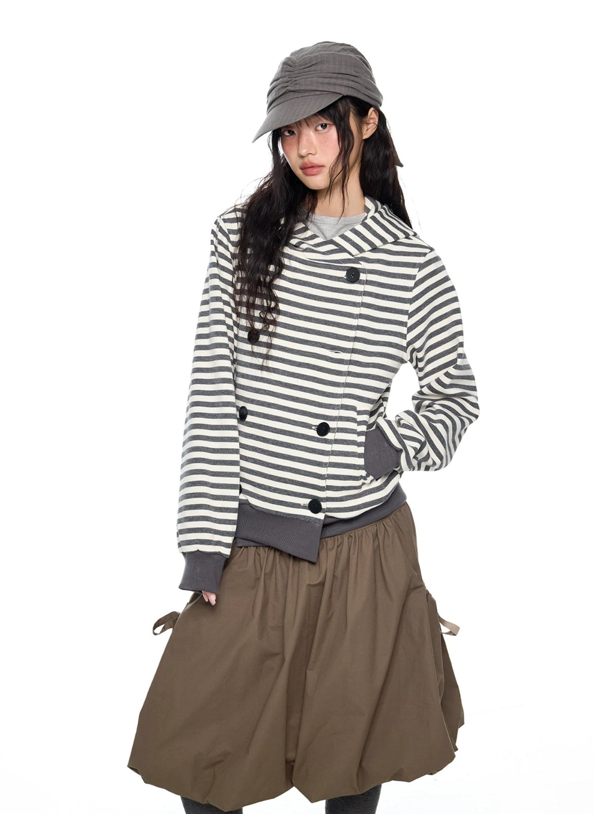Double-Breasted Striped Hooded Cardigan
