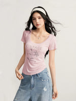 Rhinestone Floral U-Neck T-shirt