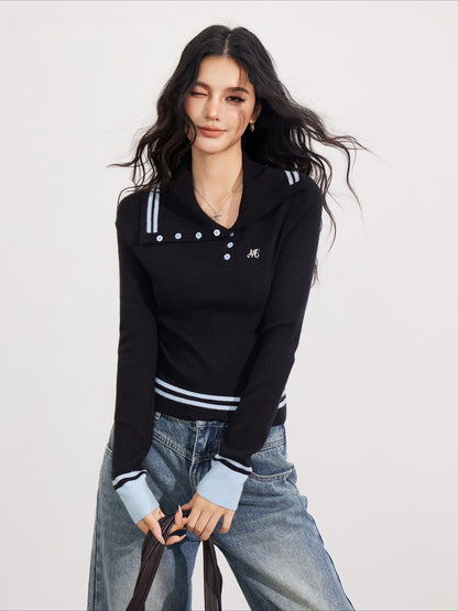 Black Asymmetric Colorblock Button-up Sweater