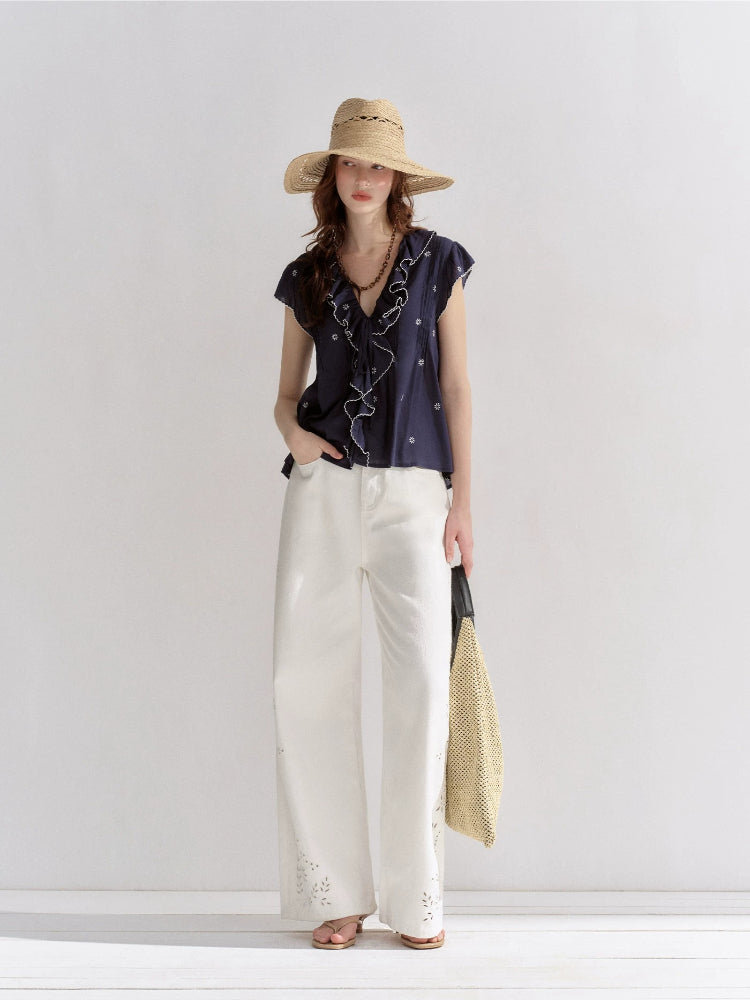 Lace Trim Ruffle V-Neck Blouse