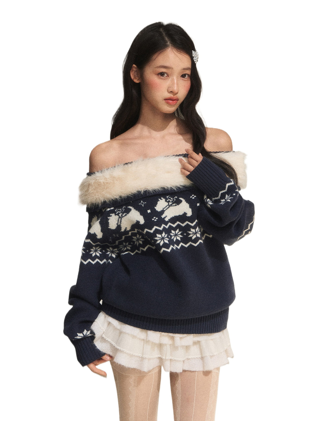 Navy Blue Fair Isle Off-Shoulder Knit Top